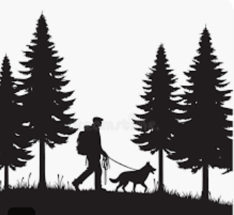 Silhouette of man with dog on leash hiking.